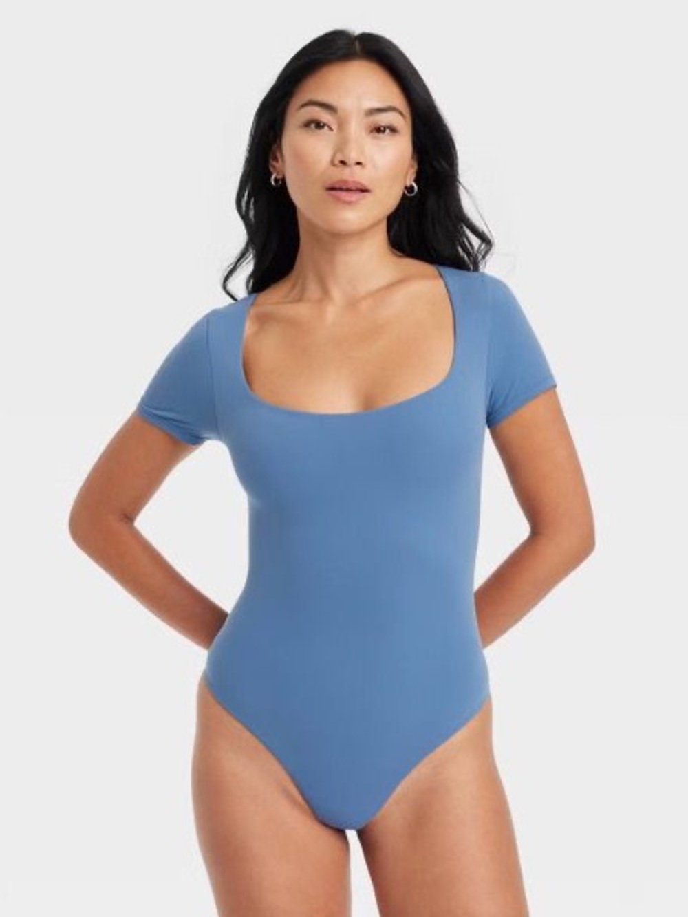 Auden Luxe Stretch Squareneck Thong Bodysuit XL Dark Blue NWT
